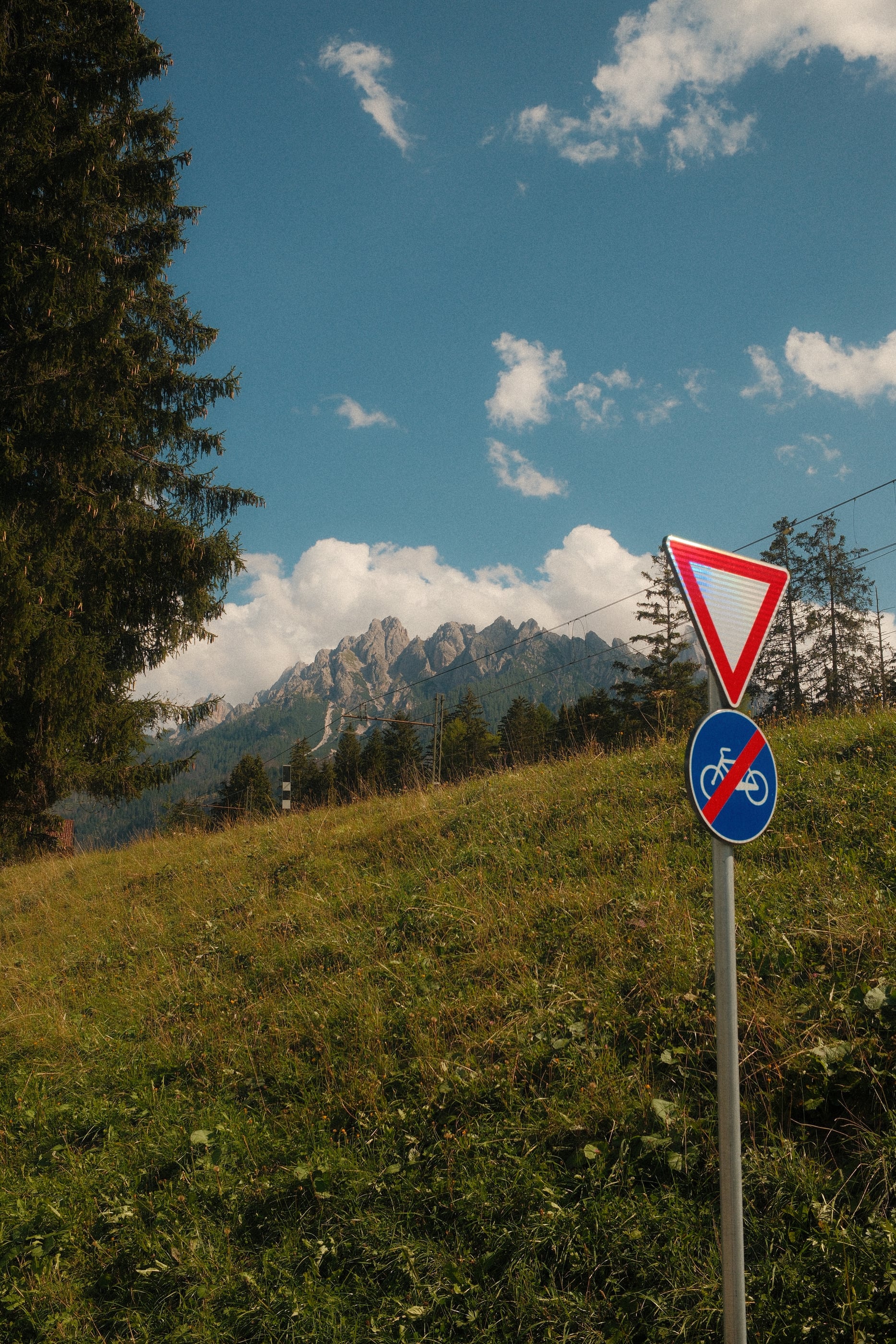 Un panneau triangulaire et un panneau de fin de piste cyclable sur un talus herbeux, des montagnes et des nuages au loin.